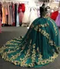 Quinceanera klänningar mörkgrön prom party bollklänning anpassad blixtlås snörning plus storlek ny vestido de för söt 15 ärmlös pärlstav guld applikation tyll älskling