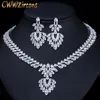 Collier Cwwzircons Brilliant CZ Zirconia Big Long Chandelier Drop Boucles d'oreilles Collier Bijoux de mariée Accessoires de robe de mariée T382