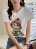 TシャツTシャツTuangbiang 2022年夏ダイヤモンドプリント猫綿Tシャツラインストーンカジュアルオナック半袖ルーズTシャツクラインブルートップ
