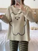 Women's Sleepwear Round Neck Long-Sleeved Print Pullover Top Striped Pants Bear 2Pcs Spring Fall Oversized Ladies Home Wear