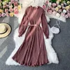 Casual Dresses Spring Autumn Long Sleeve Pleated Dress Women A Line Large Hem Lady Stand Collar Pink Bottom Vestido With Belt