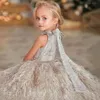 2024 Puffy Princess Flower Girl Dress Luxury Feather O- Neck ärmlös Baby Birthday Party Ball klänning Barn Första nattvardsblod