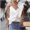 Womens Blouses Shirts Women Elegant V Neck Ruffle Blouse Summer Y Backless Spaghetti Strap Tops Ladies Sleeveless Solid Color Blouses1 Dhy4L