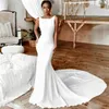 Country Beach Wedding Dresses Mermaid Elastic Satin Backless Elegant Bridal Gowns for African Black Women Lace Pearls Dress for Brides Illusion Gown with Wrap D041