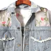 Damesjassen Fashion Flowers Borduurwerk kanten splitsing splitsing jas vrouwelijk Koreaanse losse 2023 zomerlichtblauwe casual jeans met lange mouwen lange mouwen