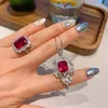 Halskette Ohrringe Set rotes Kristall S925 Sterling Silber Anhänger Ring Blume Kubikzirkon Mode luxuriöser Frauen Schmuck 10 12 mm