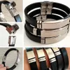 New 12pcs lot High Quality Black Leather With Stainless Steel Bracelet Mens Classic Sport Wristbands Man Boy Bangle Great Gift Par290S