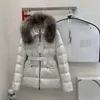 New design womens solid color warm thickening white duck down sashes slim waist fox fur hooded short coat parkas SML