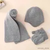 Scarves Wraps 3-In-1 Newborn Winter Hat Glove Set Solid Color Ear Protections Knitted Hat Baby Beanie Cap and Mittens with Scarf