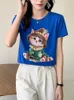 TシャツTシャツTuangbiang 2022年夏ダイヤモンドプリント猫綿Tシャツラインストーンカジュアルオナック半袖ルーズTシャツクラインブルートップ