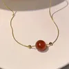 Pendant Necklaces Fashion Classic Red Agate Stone Beads Stainless Steel Retro Gold Color Thin Chain Necklace For Lover Couples Gift Jewelry