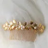 Hair Clips Bridal Baroque Crown Gold Color Leaf Wedding Tiara Piece Zircon Pearls Women Jewelry Vine