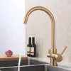 Rolya Brushed Golden 3 Way Way Filter Tap Burnished Gold Ro Water Kitchen Faucet Tri Flow Kitchen Sink Mixer225H