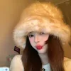 Berets Winter Trend Imitation Fur Plush Warm Bucket Hat Women Show Small Face Big Eaves Ear Protection Fluffy Russian Basin Cap