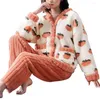 Dames slaapkleding pluche pyjama set dame winter warme cartoon fruit print verdikte koraal fleece