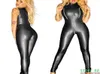 Sexy schwarzer nasse Look Reißverschluss Kunstleder -Overall PVC Latex CatSuit Club Kochkostüme Frauen offener Schritt Bodysuit Fetischuniformen 22082164