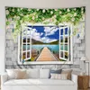 Tapestries 3d European Style Scenery Tapestry Window Buiten Sea Blue Sky Sky Plant Bloem Scape Patroon Woonkamer Slaapkamer Muur Hanging