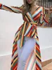 Blouses des femmes Fashion Fashion Elegant Office Workwear Works Asymétrical Long Blouse Femme Casual Top Striped Tied Front Dip Hourt