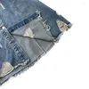 Rokken vintage gewassen blauw werkkleding feel zak hoge taille multi-borsten gebroken gat middelste lengte a-line denim rok