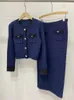 Work Dresses Women Dark Blue Knitted Set Checkerboard O-Neck Sweater Cardigan Or Ladies Straight Midi Skirt Suit 2024