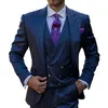 Navy Blue Striped Wedding Suits For Men Slim Fit 3 Pieces Peaked Lapel Groom Tuxedos Jacket Vest Pants