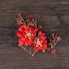 Saç klipleri Çin kırmızı gelin tarakları rhinestone el yapımı düğün aksesuarları iplik çiçek tarzı inci tarağı kadınlar na