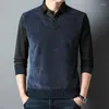 Men's T Shirts Autumn Winter Pullover Turn-down Collar Patchwork Stripe Solid Button Screw Thread Long Sleeve Sweater Knitted Casual Tops