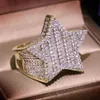 Big Bling Zircon Stone Gold Hip Hop Star Pentagram Anneau pour femmes Bijoux de mode 2020 Nouvelle bague de fiançailles de mariage 253m