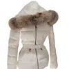 New design womens solid color warm thickening white duck down sashes slim waist fox fur hooded short coat parkas SML