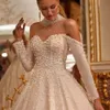 TOUNNINGBRIDE 2024 Luxury High Neck Beading Pearls Ball Gown Wedding Dress White Romantic Long Sleeve Sparkly Tulle Princess Bridal Clown