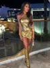 Dresses Silver Metallic Dress Sets Women Y2K Two Piece Set Night Club Rave Outfit Summer Bodysuit Top And Mini Skirt Set Co ord Set