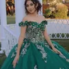 Green Shiny Quinceanera Dresses for Sweet 15 Year Sexy Off the Shoulder Puffy Ball Gown Lace Appliques Flower Princess Gowns