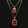 2pcs Ruby Collier Set Silver Gold plaqué Iced Out Square Red Pendant Hip Hop Box Chain280a