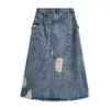 Rokken vintage gewassen blauw werkkleding feel zak hoge taille multi-borsten gebroken gat middelste lengte a-line denim rok