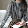 Kadın bluzları Tasarım Baskı Şifon Gömlek İlkbahar Yaz Moda Bluz 2023 Kore tarzı zarif yuvarlak boyun uzun kollu Kadın için