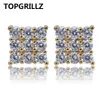 TOPGRILLZ Hip Hop 3Row Cubic Zircon Square Stud Earrings Men Women Jewelry Gold Silver Color CZ Earring With Screw Back Buckle261H