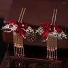 Clips de cheveux Accessoires de mariée de mariage chinois avec Pearls Red Flower Pins Pins et Bridal Jewelry Set Handmade Headpiece