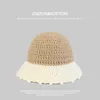 Berets Japanese Lazy Wind Lace Contrasting Color Handmade Knitted Bucket Hat Women's Autumn And Winter Versatile Pot Cute Wool