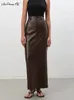 Mnealways18 Vintage Brown PU lange warme Röcke Weibliche Knöchellänge Faux Leder Office Damen geteilt solide Straight 231222