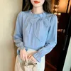 Women's Blouses Oiinaa Shirts For Women Tops Chic Bow Tie Pleated Casual Blue Elegant Comfortable Blouse Flare Sleeve Ladies Fashion Top