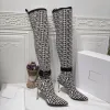 Women 039s high quality knee long boots fashion knitted embroidered inner layer real leather elastic boot show party highs heel