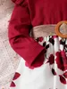 Girl's Dresses Children Girls Fashion Dress Red Long Sleeved Flower Skirt with Belt Birthday Party Wear Autumn Outfits for Girl 1-7 YearsL231222
