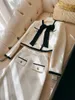 2024 Spring White Contrast Color Two Piece Dress Sets Long Sleeve Round Neck Double-Breasted Coat + Panelled Buttons Split Mid-Calf Skirt Set Two Piece Suits D3D183227