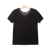 Camisetas para mujeres bordado para mujeres hueco camiseta con cuello en V 2023 Summer All-Match Lace Lace Trim Manga corta Simple Tee Top