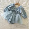 Infant kids ruffle velvet rompers toddler girls V-neck long sleeve splicing lace tulle jumpsuits baby princess climb clothing Z6275