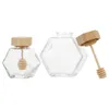 Dedanken sets 2 pc's Clear Container met deksel zeshoekige honing glazen fles houten luchtdichte pot jar lepel