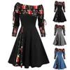 Casual Dresses Christmas Dress Female Vintage Off Shoulder Long Sleeve Colorblock Tree Snowflake Gift Print A Line Swing Robe For Women