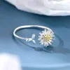 クラスターリングVentfille 925 Sterling Silver Simple Plant Minimalist Golden Flower Daisy Adactable Ring for Girls Ladies Leave