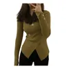 女性用ブラウス柔らかい伸縮性TシャツスタイリッシュなVネックボタン装飾セーター秋の冬のニット不規則なスプリットプルオーバー