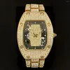 Bilek saatleri moda buzlu erkek için Missfox Hip Hop Full Diamond Quartz Lüks Tonneau Jewelry Rolj Hombre 2023